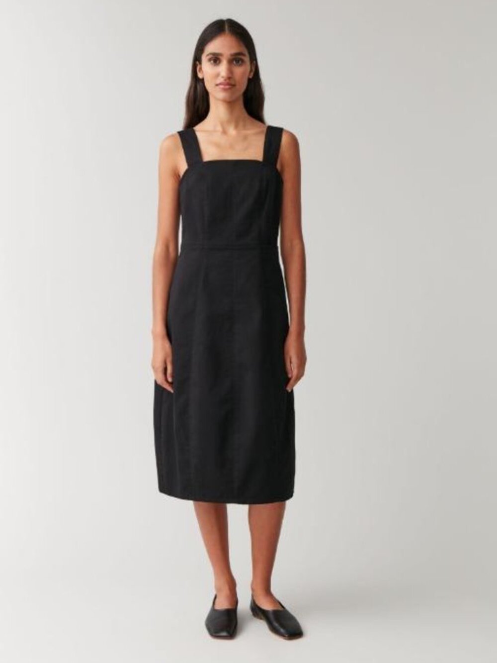 COS Sleeveless Midi Cotton Dress - Size 6, M - Black, Square Neck, Thick Straps